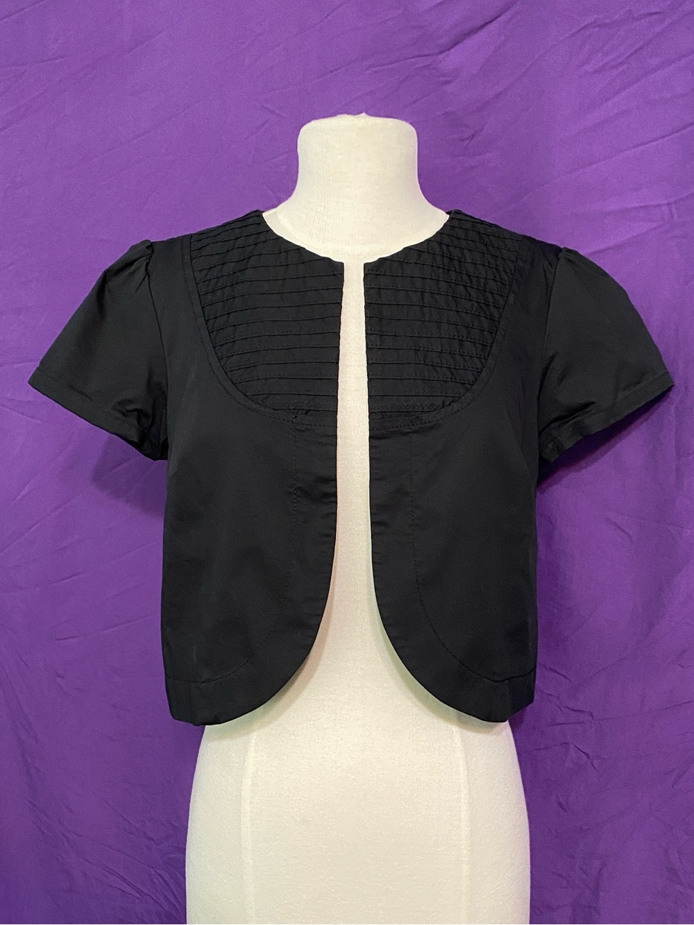 LOFT Black Short-Sleeve Bolero with Pintuck Yoke. Size 4.
